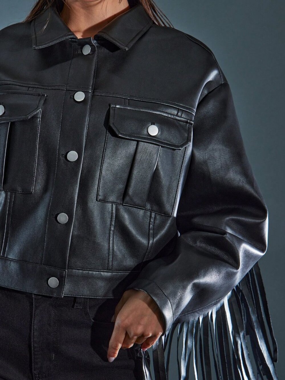 Black Casual Women's Faux Leather Fringe Detail Jacket - Picture 6 of 6